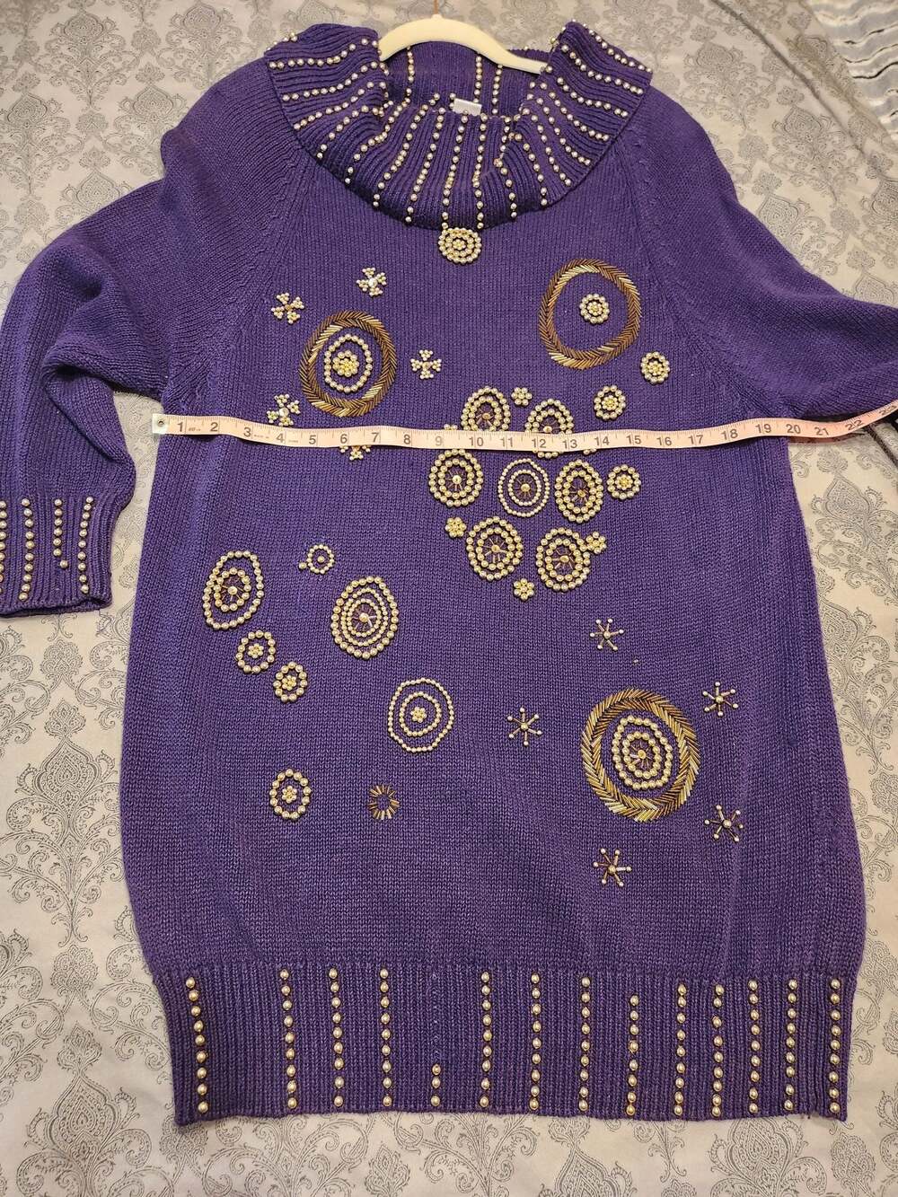 90s Y2K Vintage Purple Beaded Cowl Neck Tunic Sweater - Picture 4 of 14